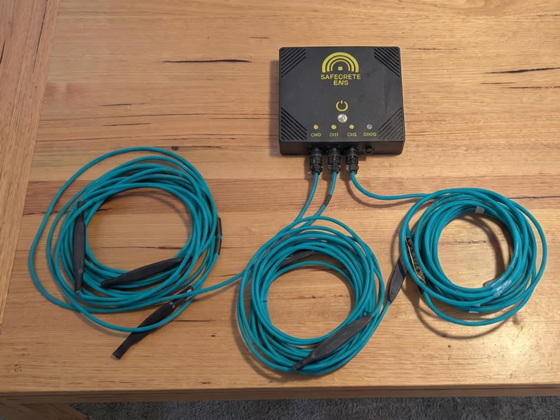 A Safewall gateway box with three teal sensor lines plugged into its three channel terminals